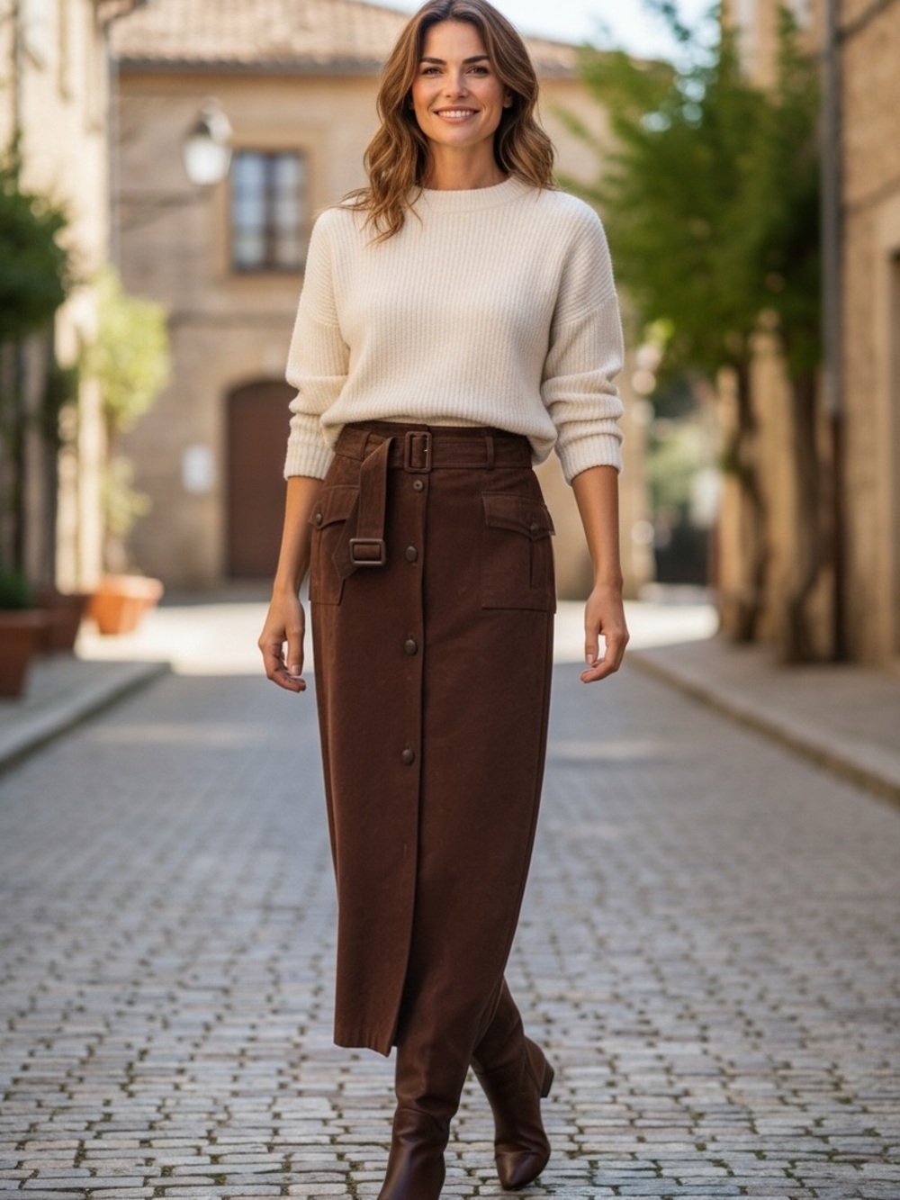 Vintage Ann Taylor Rick Brown Suede Safari style Maxi Skirt with Belted Waist